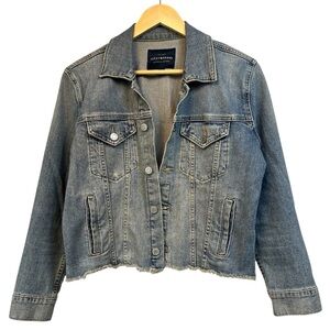 Lucky Brand Denim Cropped Tomboy Trucker Jean Jacket, Frayed Hem, Large